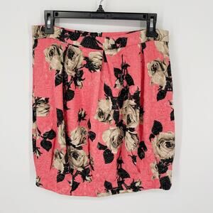 Topshop Women's Quilted Pleated Skirt Floral Print Sz 8 Bright Salmon Black Tan